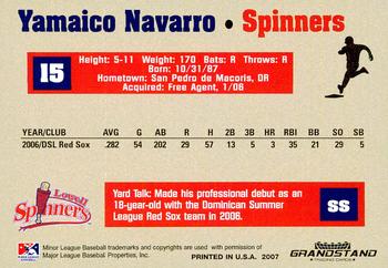 2007 Grandstand Lowell Spinners #NNO Yamaico Navarro Back