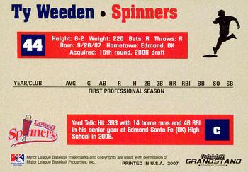 2007 Grandstand Lowell Spinners #NNO Ty Weeden Back