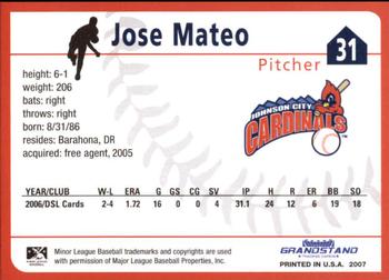 2007 Grandstand Johnson City Cardinals #NNO Jose Mateo Back