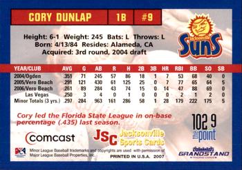 2007 Grandstand Jacksonville Suns #NNO Cory Dunlap Back