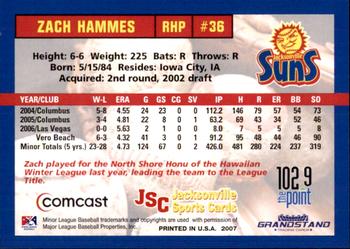 2007 Grandstand Jacksonville Suns #NNO Zach Hammes Back