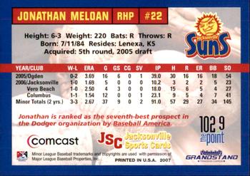 2007 Grandstand Jacksonville Suns #NNO Jonathan Meloan Back