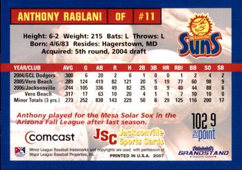 2007 Grandstand Jacksonville Suns #NNO Anthony Raglani Back