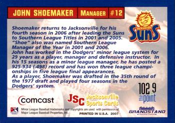 2007 Grandstand Jacksonville Suns #NNO John Shoemaker Back