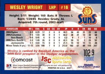 2007 Grandstand Jacksonville Suns #NNO Wesley Wright Back