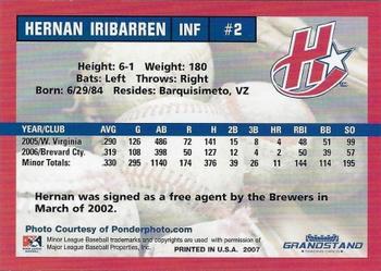 2007 Grandstand Huntsville Stars #NNO Hernan Iribarren Back