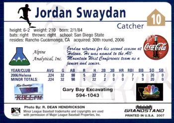 2007 Grandstand Helena Brewers #NNO Jordan Swaydan Back