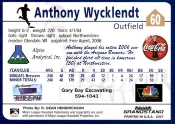 2007 Grandstand Helena Brewers #NNO Anthony Wycklendt Back