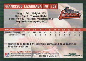 2007 Grandstand Great Lakes Loons #NNO Francisco Lizarraga Back