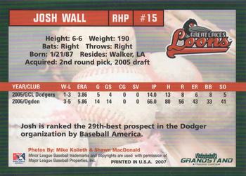 2007 Grandstand Great Lakes Loons #NNO Josh Wall Back