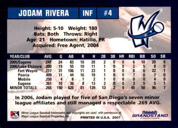 2007 Grandstand Fort Wayne Wizards #NNO Jodam Rivera Back