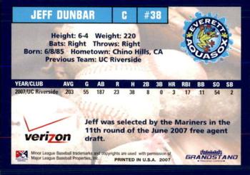 2007 Grandstand Everett AquaSox #7 Jeff Dunbar Back