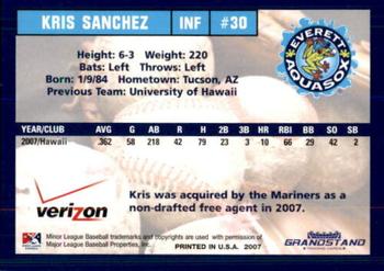 2007 Grandstand Everett AquaSox #28 Kris Sanchez Back