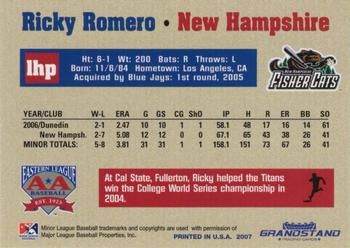 2007 Grandstand Eastern League Top Prospects #NNO Ricky Romero Back