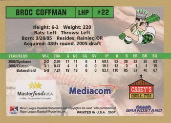 2007 Grandstand Clinton LumberKings #NNO Broc Coffman Back