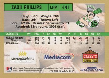2007 Grandstand Clinton LumberKings #NNO Zach Phillips Back