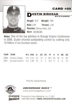 2007 Choice Anchorage Bucs #05 Dustin Birosak Back