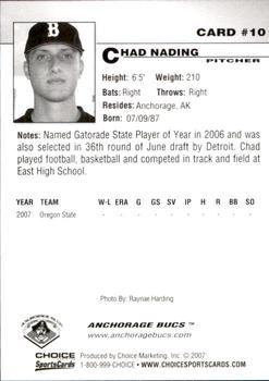 2007 Choice Anchorage Bucs #10 Chad Nading Back