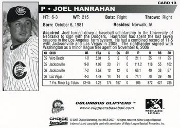 2007 Choice Columbus Clippers #13 Joel Hanrahan Back