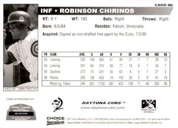 2007 Choice Daytona Cubs #06 Robinson Chirinos Back