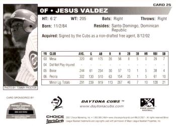 2007 Choice Daytona Cubs #25 Jesus Valdez Back
