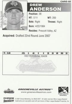 2007 Choice Greeneville Astros #02 Drew Anderson Back