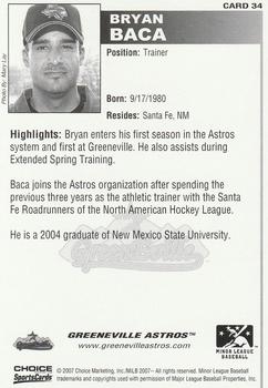 2007 Choice Greeneville Astros #34 Bryan Baca Back