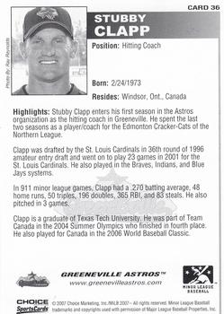 2007 Choice Greeneville Astros #36 Stubby Clapp Back