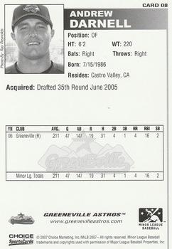 2007 Choice Greeneville Astros #08 Andrew Darnell Back