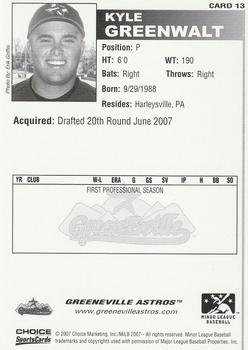 2007 Choice Greeneville Astros #13 Kyle Greenwalt Back