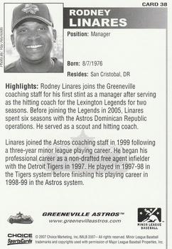 2007 Choice Greeneville Astros #38 Rodney Linares Back