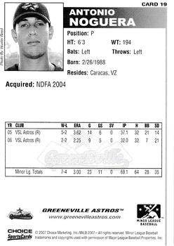 2007 Choice Greeneville Astros #19 Antonio Noguera Back