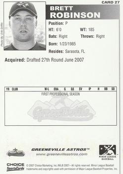 2007 Choice Greeneville Astros #27 Brett Robinson Back