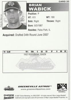 2007 Choice Greeneville Astros #33 Brian Wabick Back