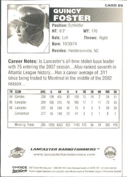 2007 Choice Lancaster Barnstormers #9 Quincy Foster Back
