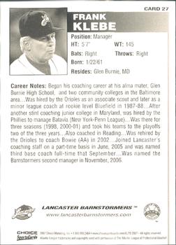 2007 Choice Lancaster Barnstormers #27 Frank Klebe Back