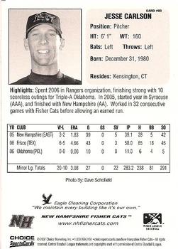 2007 Choice New Hampshire Fisher Cats #03 Jesse Carlson Back