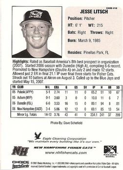 2007 Choice New Hampshire Fisher Cats #10 Jesse Litsch Back