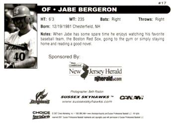 2007 Choice Sussex Skyhawks #4 Jabe Bergeron Back