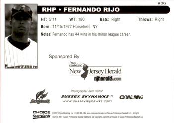 2007 Choice Sussex Skyhawks #19 Fernando Rijo Back
