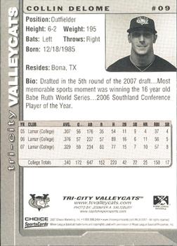 2007 Choice Tri-City ValleyCats #09 Collin Delome Back