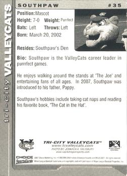 2007 Choice Tri-City ValleyCats #35 Southpaw Back