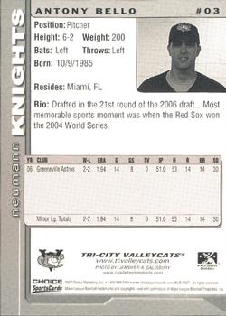 2007 Choice Tri-City ValleyCats #03 Anthony Bello Back