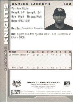 2007 Choice Tri-City ValleyCats #22 Carlos Ladeuth Back