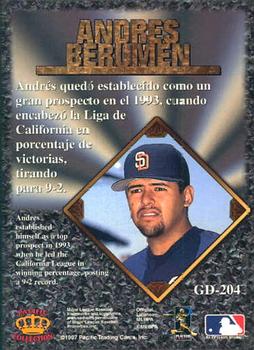 1997 Pacific Prism Invincible - Gems of the Diamond #GD-204 Andres Berumen Back