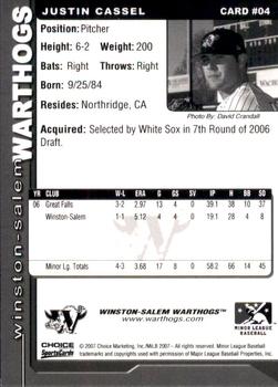 2007 Choice Winston-Salem Warthogs #04 Justin Cassel Back