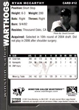 2007 Choice Winston-Salem Warthogs #12 Ryan McCarthy Back