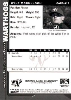 2007 Choice Winston-Salem Warthogs #13 Kyle McCulloch Back