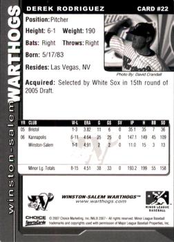 2007 Choice Winston-Salem Warthogs #22 Derek Rodriguez Back