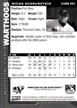 2007 Choice Winston-Salem Warthogs #23 Micah Schnurstein Back